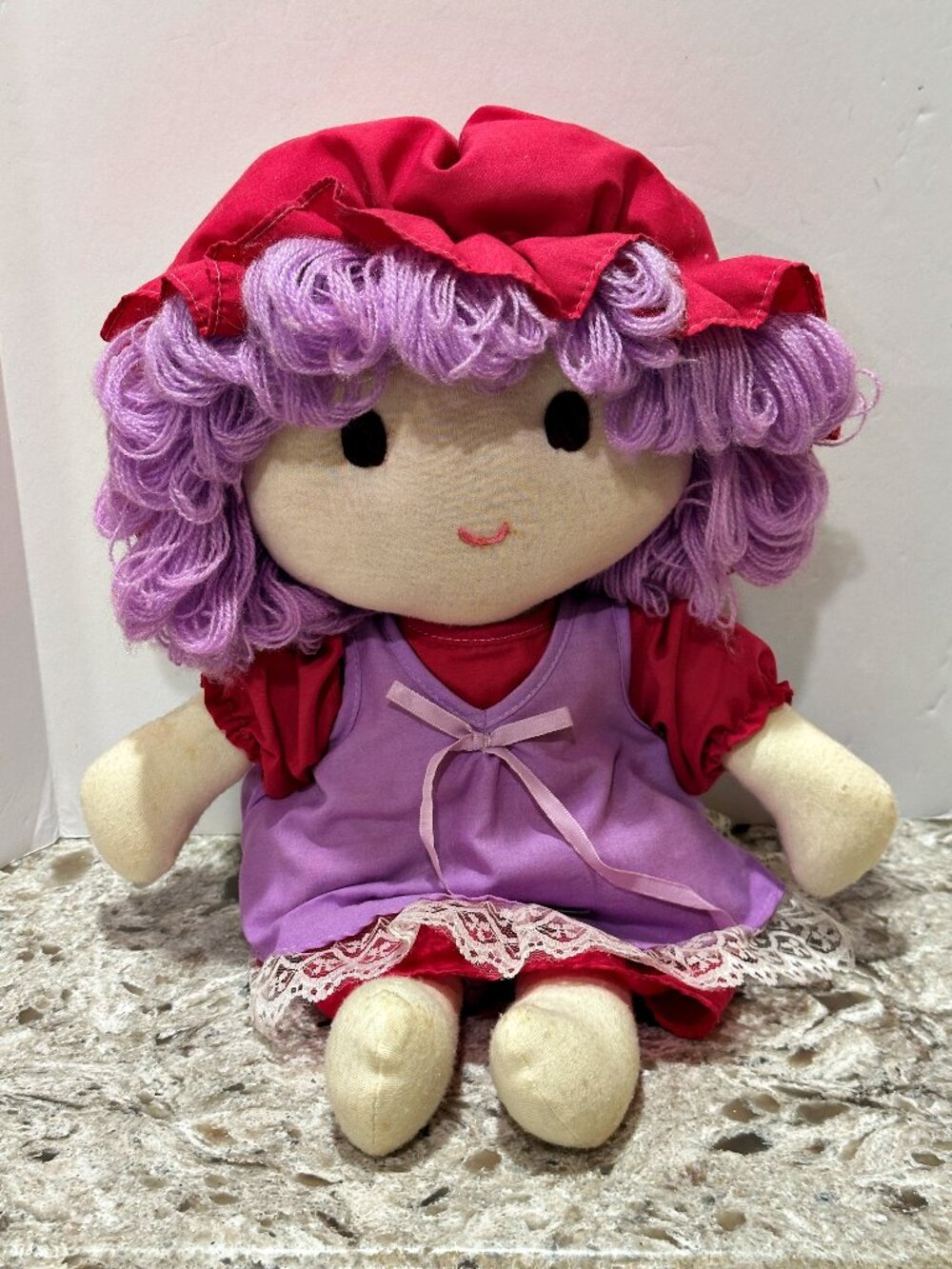 Vintage Upstairs International Cloth Rag Doll Dress with Bonnet Purple Yarn Hair